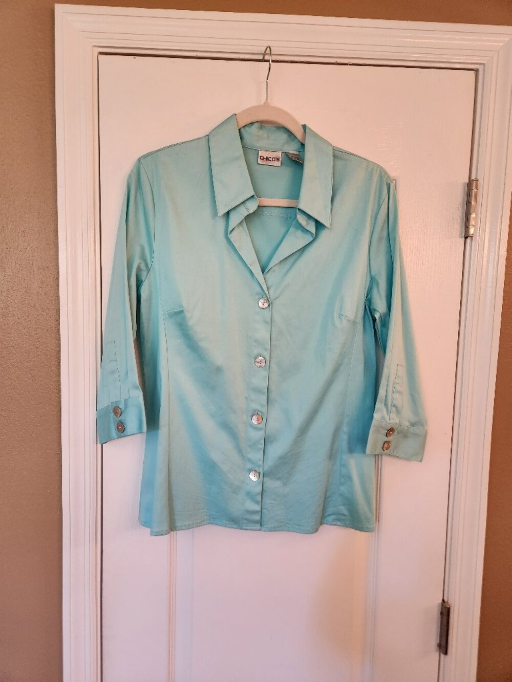 Chicos Button Up Aqua Shirt with 3/4 Length Sleeves Size 1